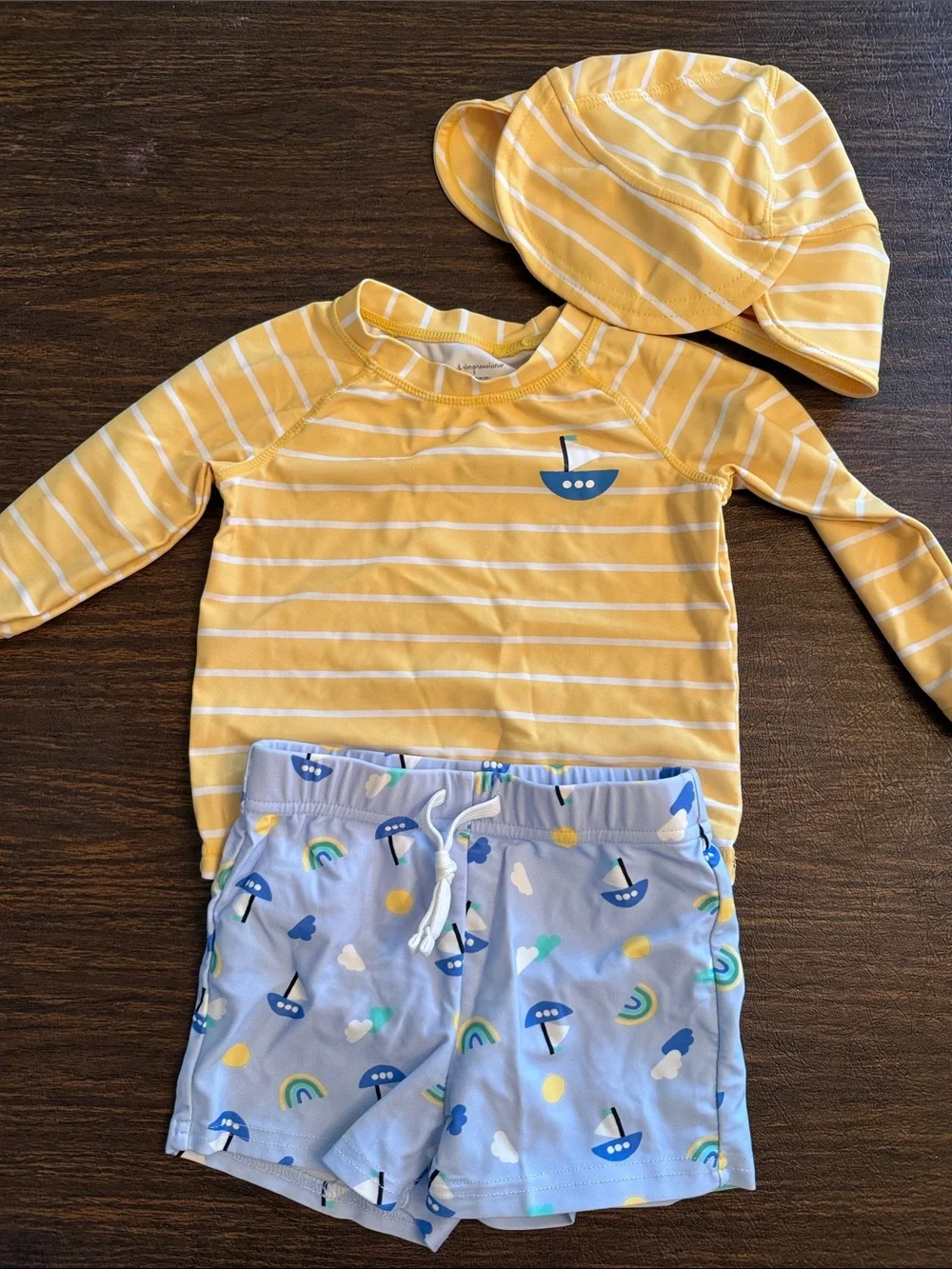 First Impressions Yellow Striped Rashguard Set with Blue Boat Print Shorts
